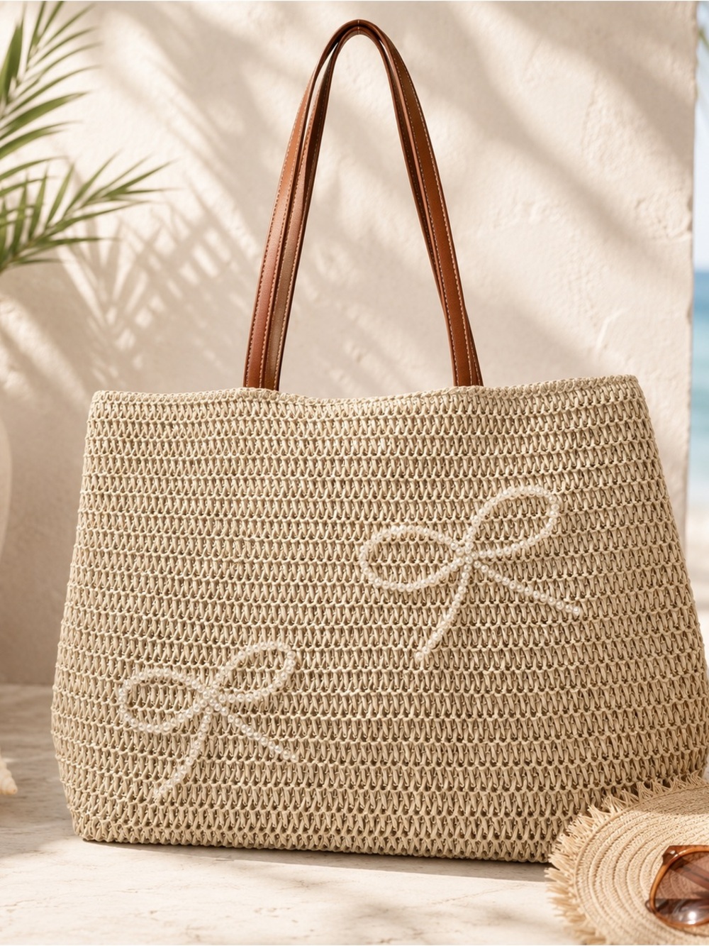 Woven Beach / Pool Tote with pearl bows